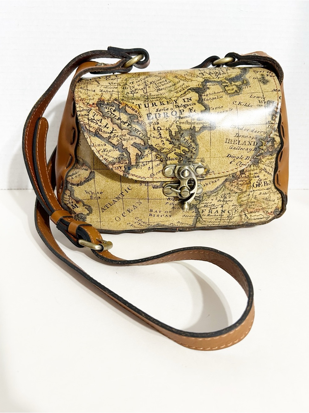 Patricia Nash Lucia European Map Crossbody Bag Tan Full-Grain Leather Vintage - Picture 2 of 16